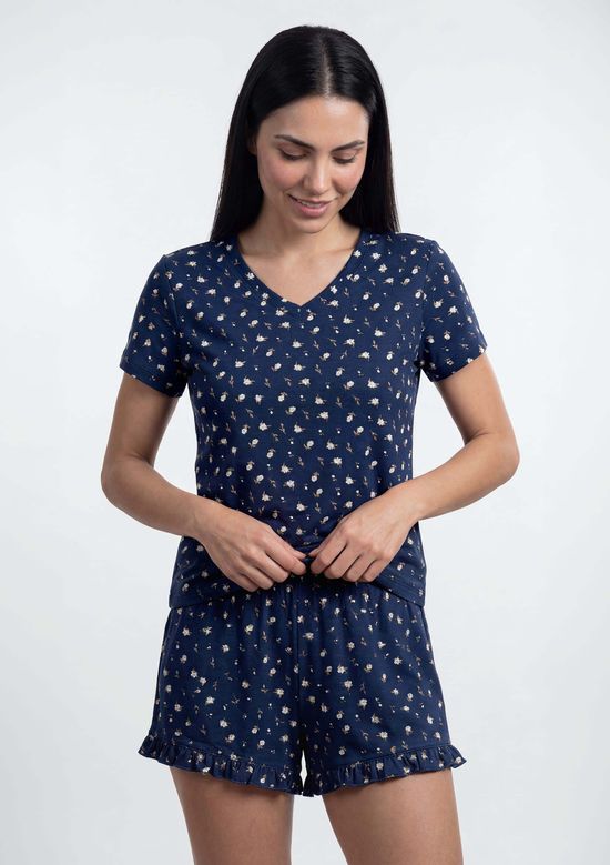 Foto do produto: Pijama Curto Feminino Estampado Decote V - Azul