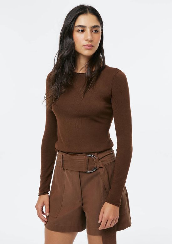 Foto do produto: Blusa Feminina Manga Longa Slim Em Tricô Leve - Marrom