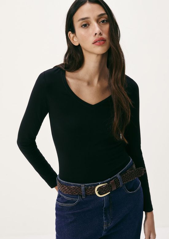 Foto do produto: Blusa Básica Feminina Manga Longa Slim Decote V - Preto
