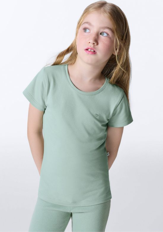 Foto do produto: Blusa Básica Infantil Menina Manga Curta Slim Com Bordado Coração - Verde