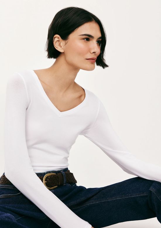 Foto do produto: Blusa Básica Feminina Manga Longa Slim Decote V - Branco