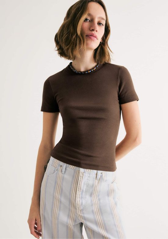 Foto do produto: Blusa Feminina Manga Curta Slim Em Ribana - Marrom