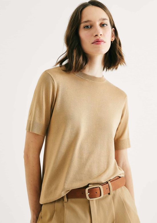 Foto do produto: Blusa Feminina Manga Curta Em Tricô Leve - Bege