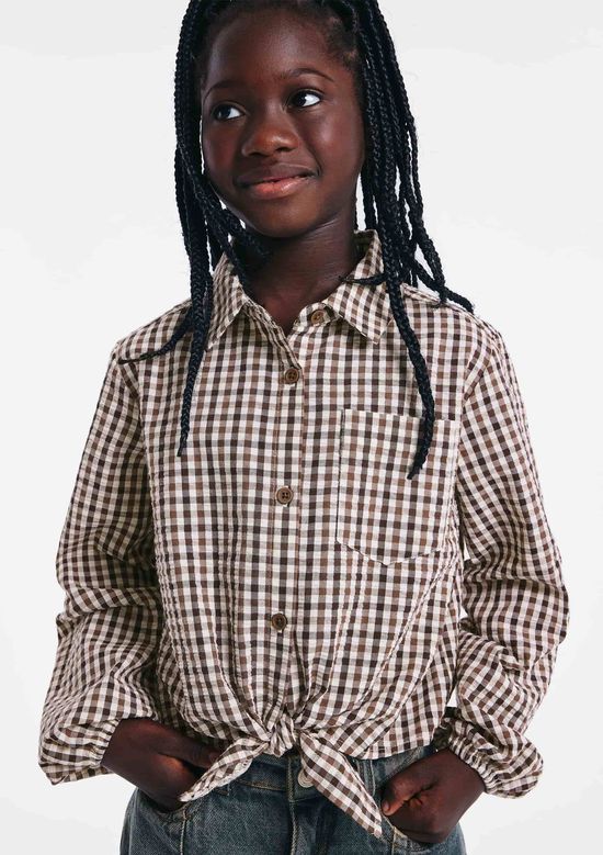 Foto do produto: Camisa Infantil Menina Em Tricoline Fio Tinto Xadrez - Marrom