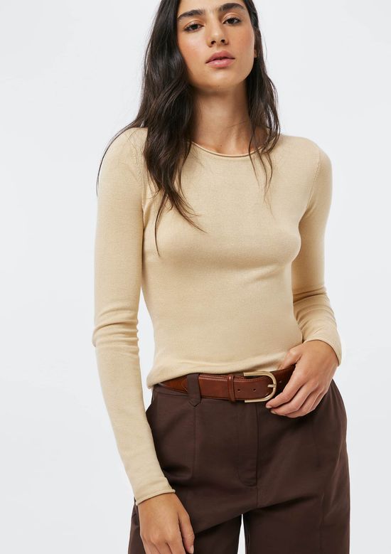 Foto do produto: Blusa Feminina Manga Longa Slim Em Tricô Leve - Bege