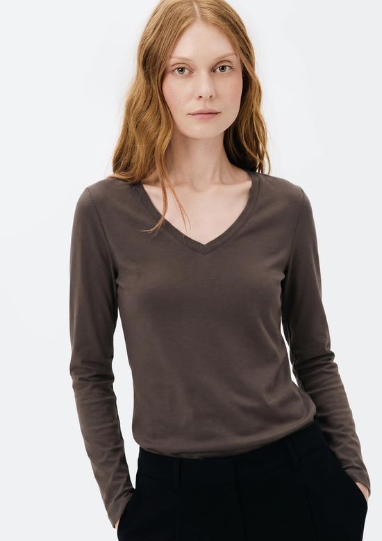 Foto do produto: Blusa Básica Feminina Manga Longa Slim Decote V - Marrom
