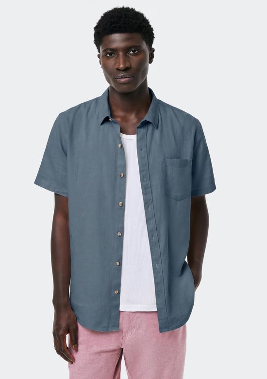 Foto do produto: Camisa Básica Masculina Manga Curta Slim Em Linho - Azul