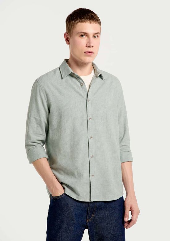 Foto do produto: Camisa Masculina Manga Longa Listrada Em Linho - Verde