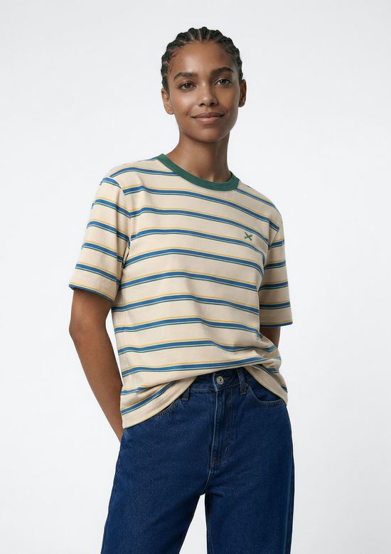 Foto do produto: Camiseta Feminina Listrada Com Bordado Drop Brasil - Creme