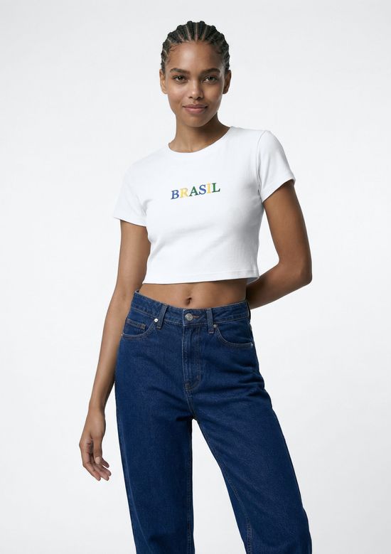 Foto do produto: Camiseta Feminina Cropped Com Bordado Drop Brasil - Off white