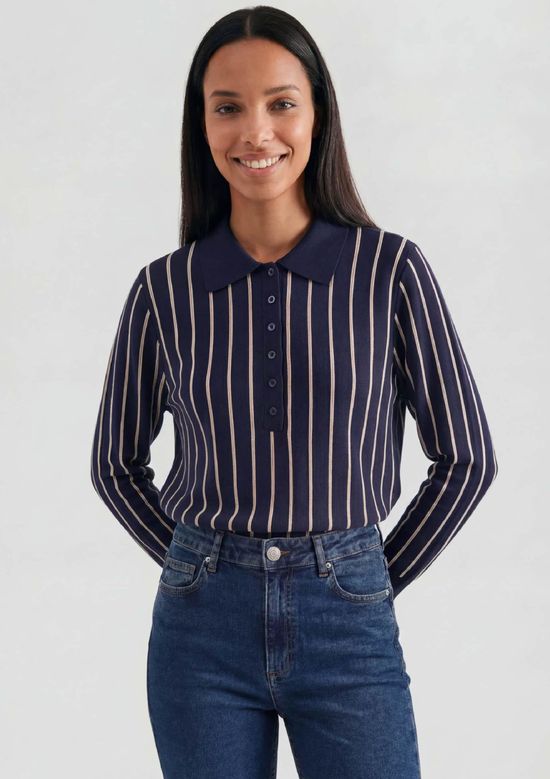 Foto do produto: Polo Feminina Em Tricô Fio Tinto Listrado - Azul