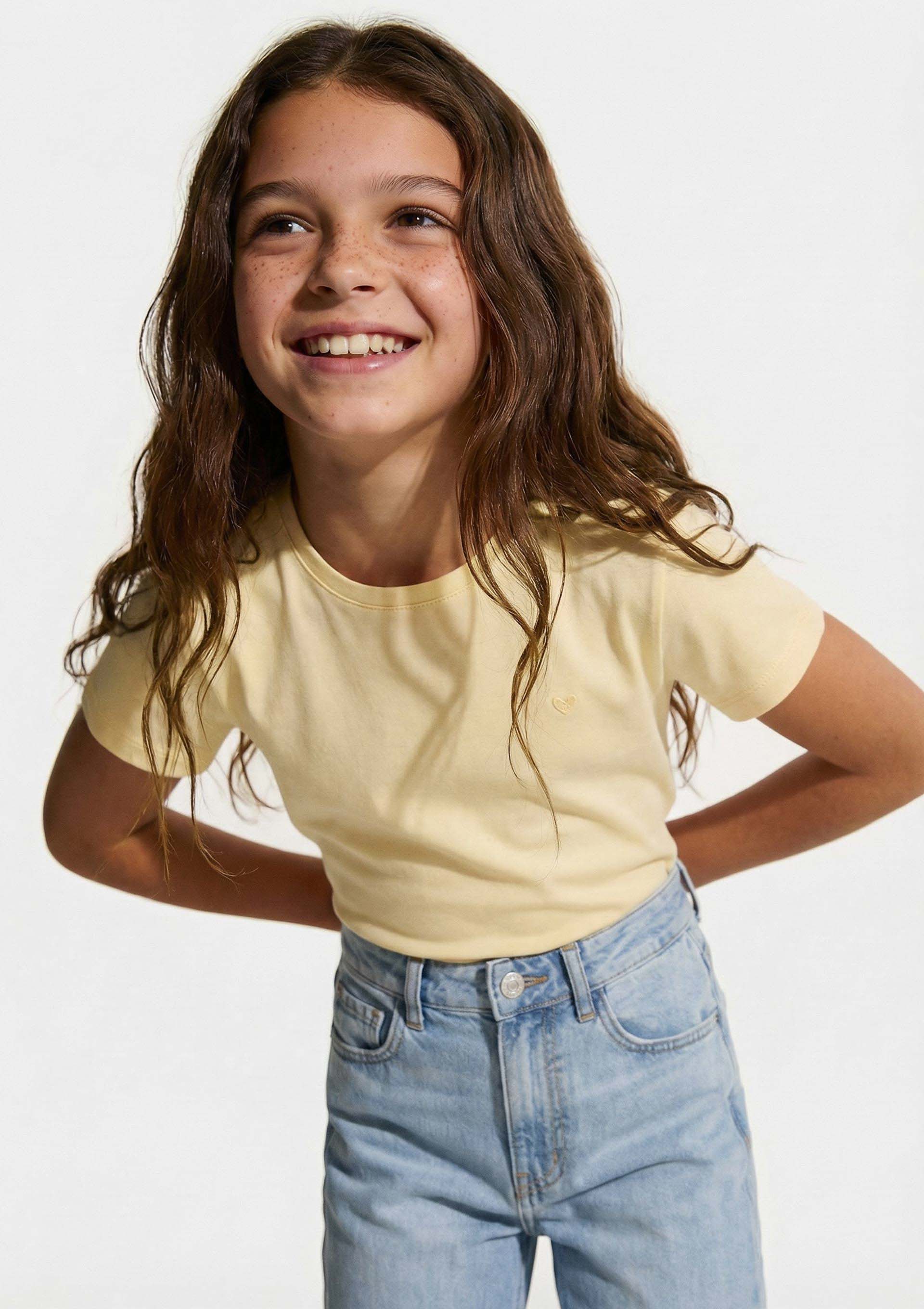 Blusa Básica Infantil Menina Manga Curta Slim Com Bordado Coração