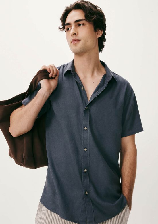Foto do produto: Camisa Masculina Manga Curta Slim Com Linho - Azul