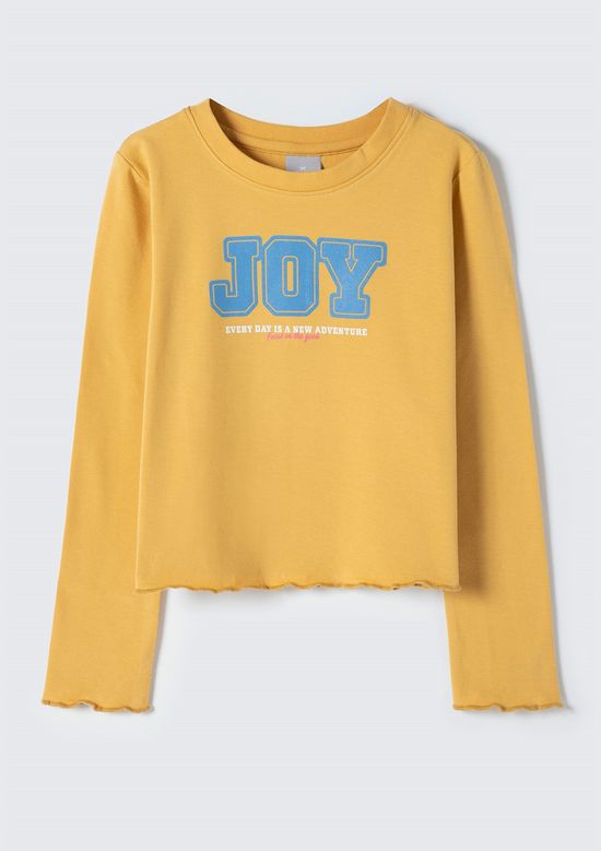 Foto do produto: Blusa Cropped Infantil Menina Manga Longa Em Ribana Com Estampa - Amarelo