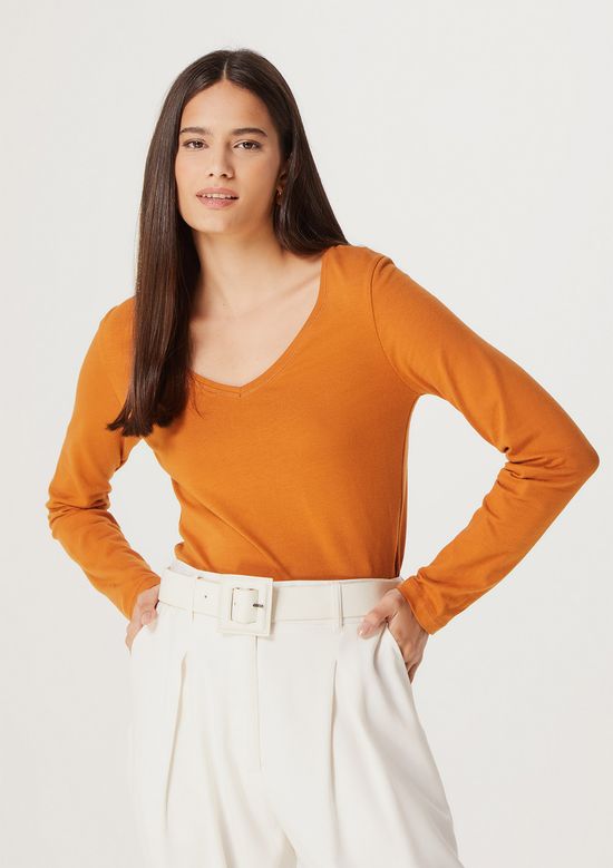 Foto do produto: Blusa Básica Feminina Manga Longa Slim Decote V - Marrom