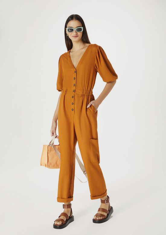 Foto do produto: Macacão Feminino Manga Bufante Em Linho - Marrom