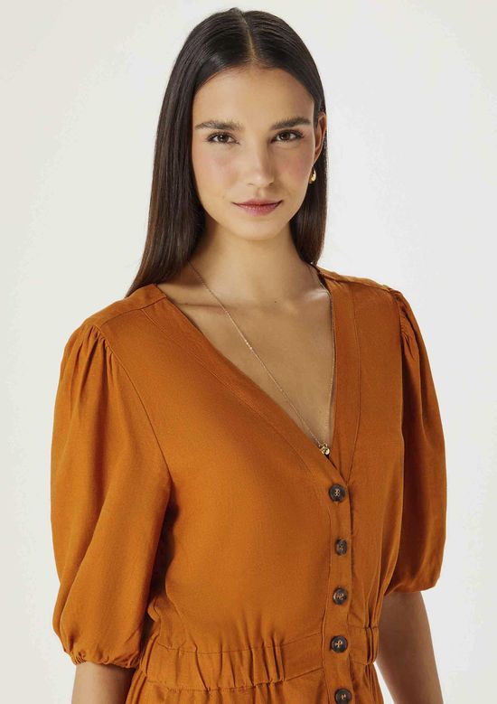 Foto do produto: Macacão Feminino Manga Bufante Em Linho - Marrom