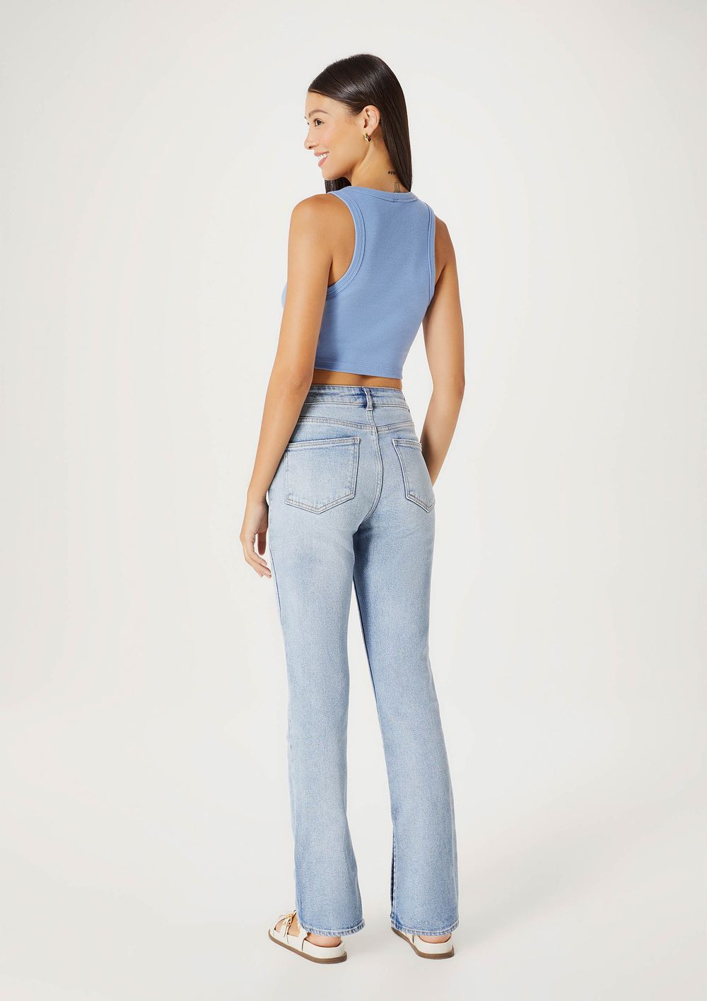 Calça Jeans Feminina Slim Cintura Alta Com Fenda Lateral - Azul