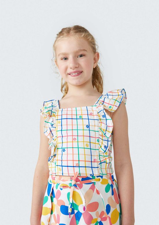 Foto do produto: Regata Cropped Infantil Menina Xadrez Com Babado - Off White