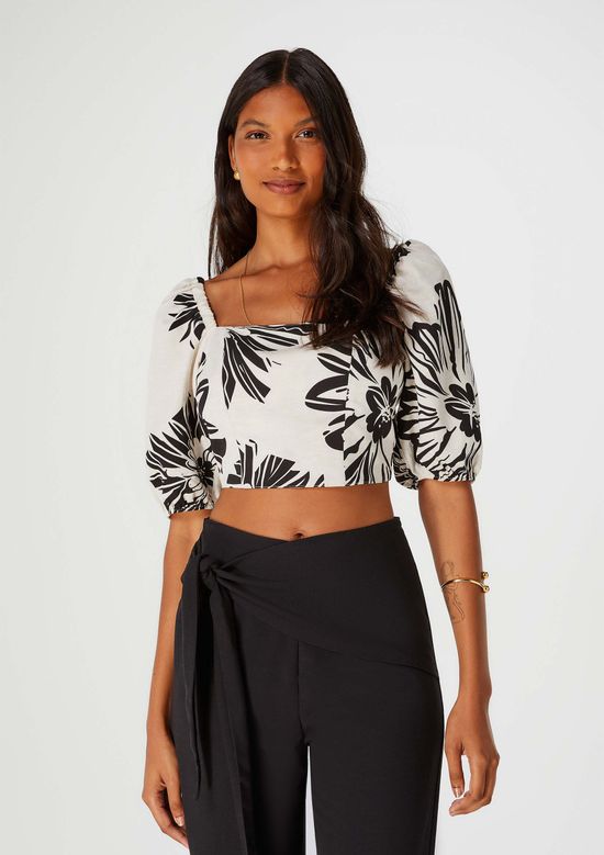 Foto do produto: Blusa Cropped Feminina Decote Quadrado Floral - Off White