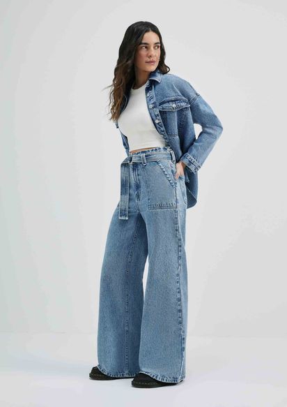 Calça Reta Cintura Alta em Jeans com Bolsos e Brilho Aplicado - Cor: Azul -  Tamanho: 36 - Shopping TudoAzul