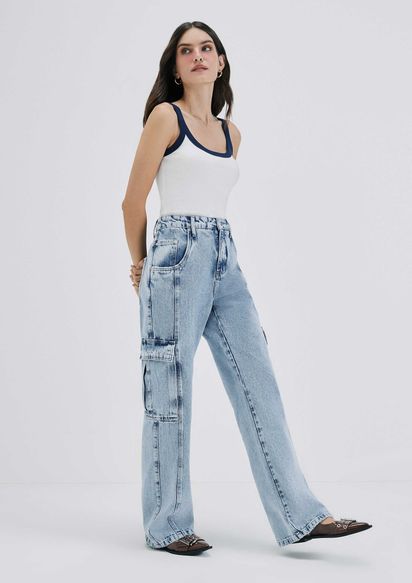 Calça jeans feminina pantalona cintura alta moda rasgada longa - R$ 139.99,  cor Azul #131016, compre agora